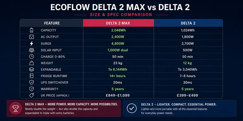 A size and specification comparison table for "ECOFLOW DELTA 2 MAX vs DELTA 2," highlighting differences in capacity, AC output, weight, and UK price between the two portable power station models.