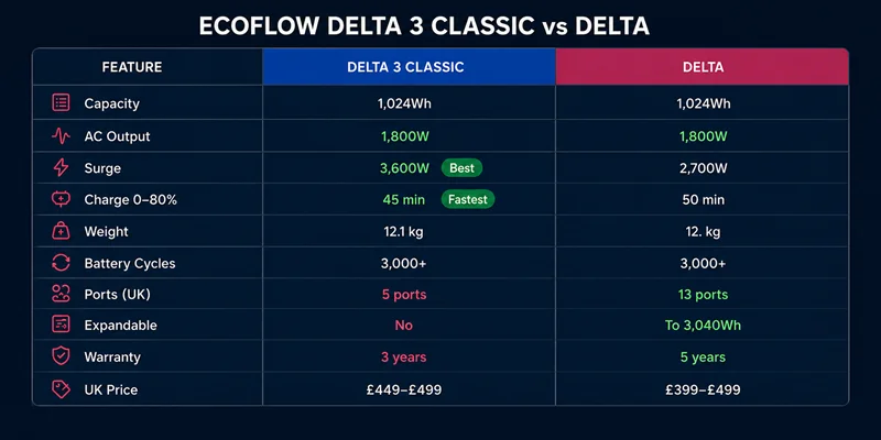 A comparison table titled "ECOFLOW DELTA 3 CLASSIC vs DELTA" highlighting differences in specs such as surge power, charging speed, weight, and UK price for two portable power stations.