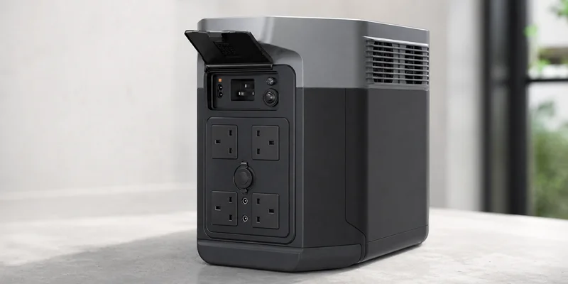 A black and grey portable power station with four AC outlets sits on a plain white desk.