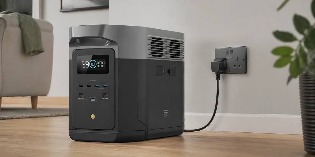 A black and grey portable power station charges from a standard UK wall outlet indoors.