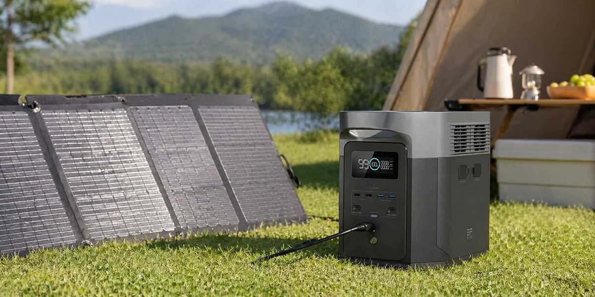 A black and grey portable power station connected to a foldable solar panel at a green campsite with a tent and lake in the background.