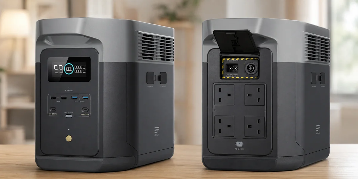 Front and rear views of an EcoFlow portable power station showing the display and outlets.