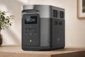 A black and grey portable power station sits on a wooden desk in a living room.