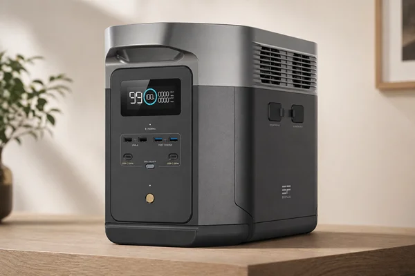 A black and grey portable power station sits on a wooden desk in a living room.