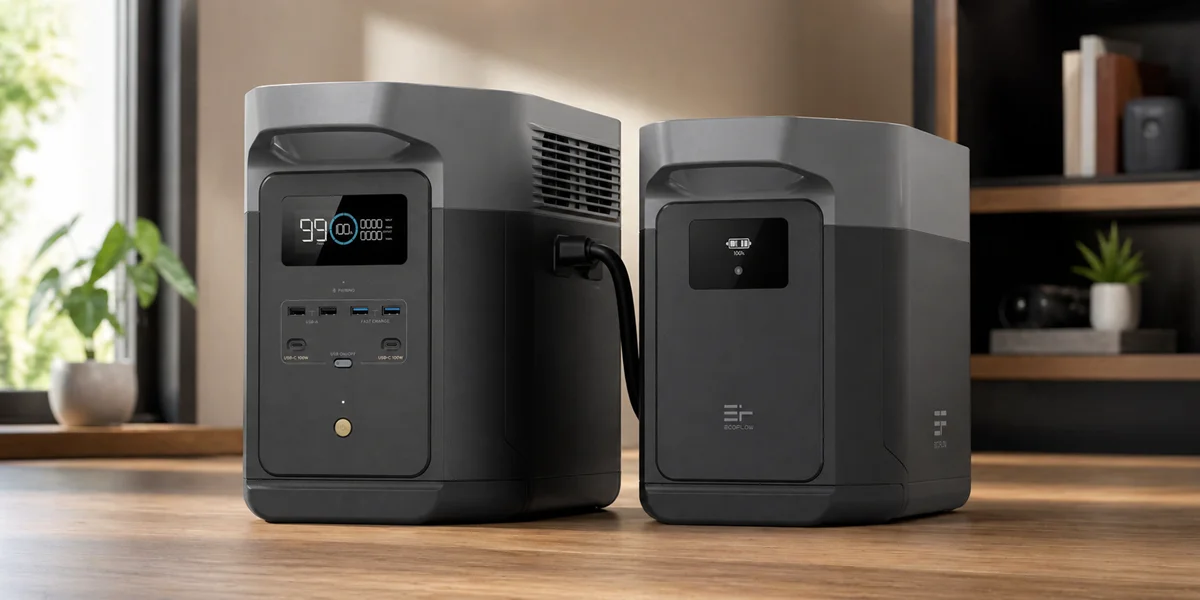 Two black and grey EcoFlow portable power units connected together sitting on a wooden desk.