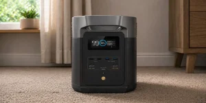 A black and grey EcoFlow portable power station sits on a carpeted floor indoors.