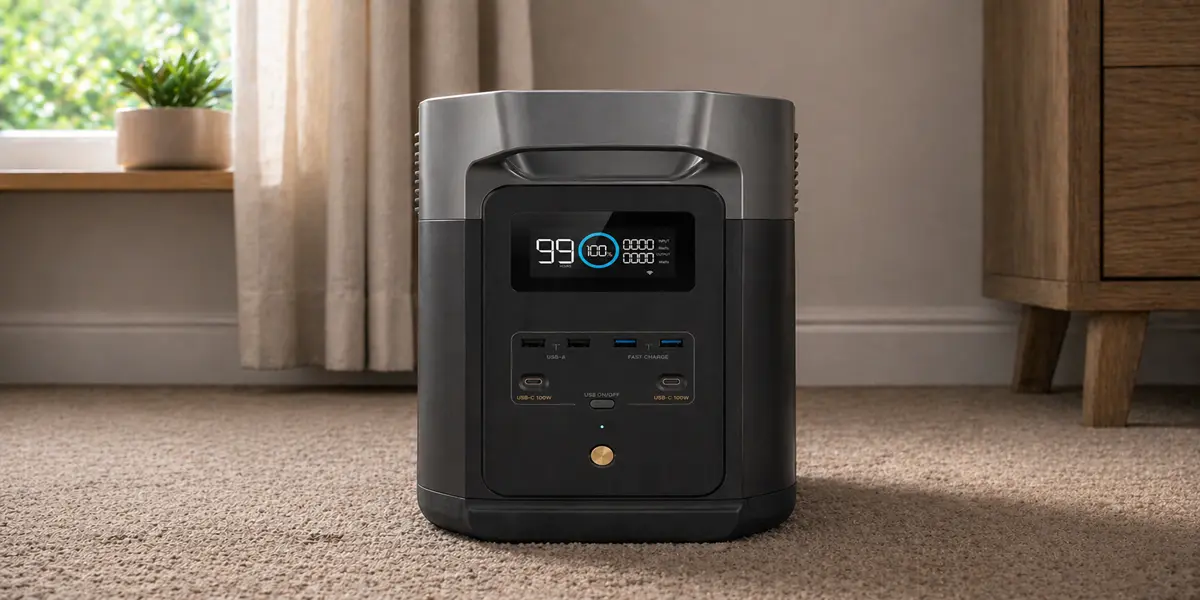 A black and grey EcoFlow portable power station sits on a carpeted floor indoors.