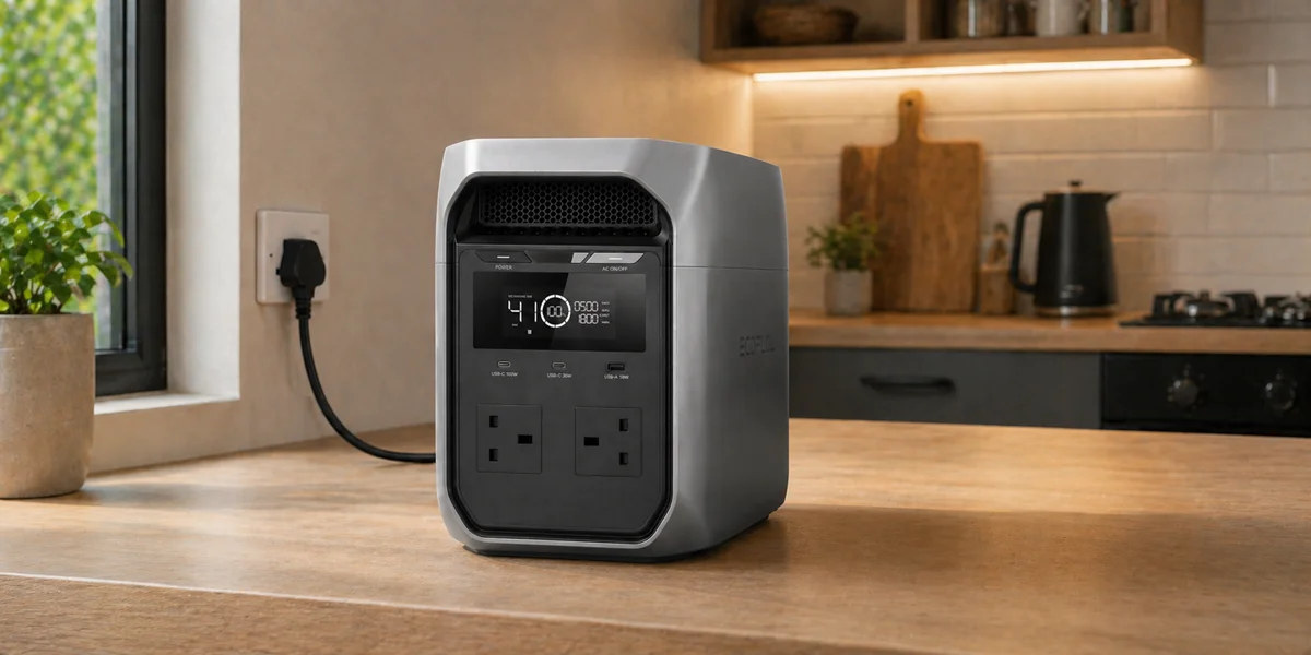 A silver EcoFlow Delta 3 Classic portable power station sitting on a wooden kitchen counter, plugged into a UK wall socket with a kettle and stovetop in the blurred background.
