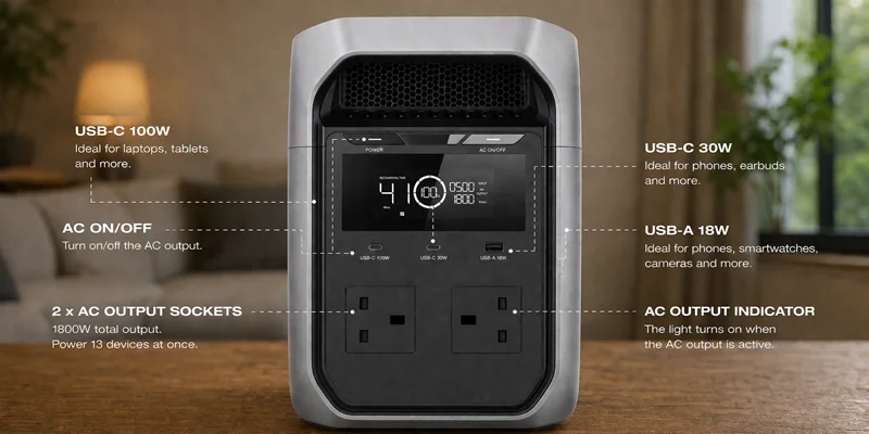 A diagram of an EcoFlow Delta 3 Classic portable power station labeling its various ports and features, including USB-C 100W, USB-C 30W, USB-A 18W, and dual 1800W AC output sockets.