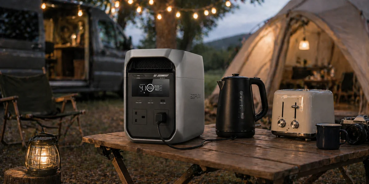 A silver EcoFlow Delta 3 Classic portable power station powering a black kettle and white toaster on a wooden table at a campsite with a tent and van in the background.