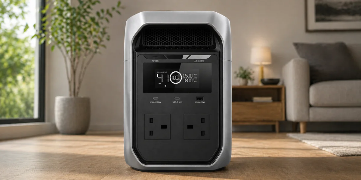 A silver EcoFlow Delta 3 Classic portable power station with a digital display and dual UK AC outlets, positioned on a wooden floor in a modern living room setting.