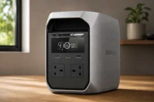 A grey EcoFlow portable power station with dual AC outlets sitting on a wooden surface.