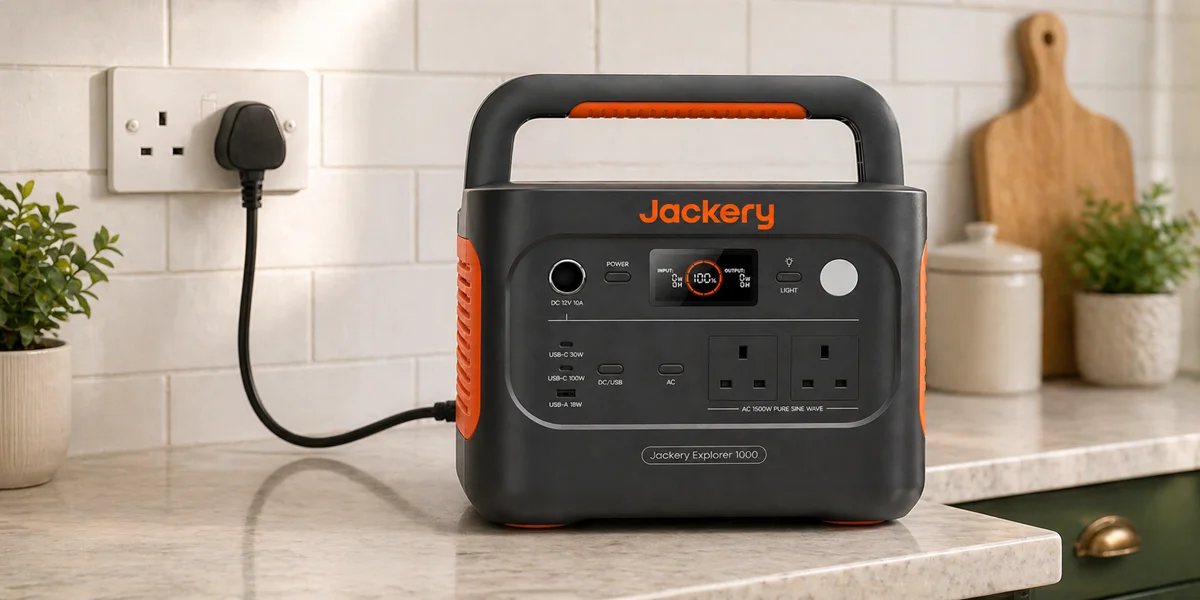 A Jackery Explorer 1000 portable power station sitting on a kitchen countertop, plugged into a UK wall socket for charging, with a white tiled backsplash and kitchen decor in the background.
