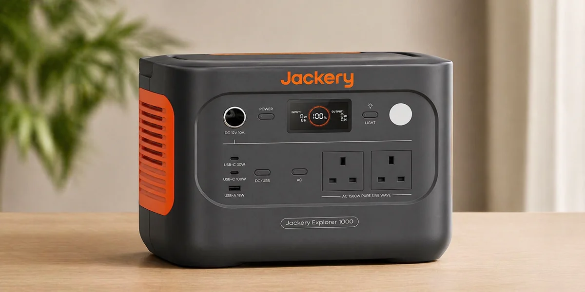 A Jackery Explorer 1000 v2 portable power station with a compact grey and orange design, featuring a digital display, multiple USB ports, and dual UK AC outlets on a wooden surface.