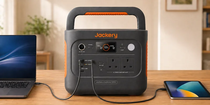 A Jackery portable power station on a wooden table charging a laptop and tablet.