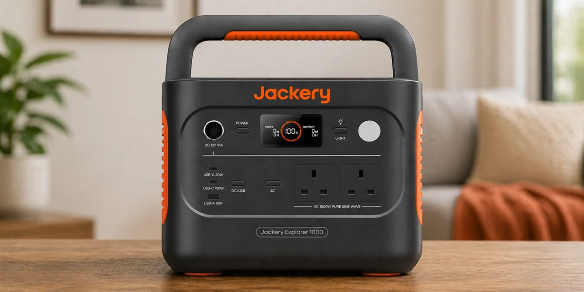 A front-facing view of a Jackery Explorer 1000 portable power station with a carrying handle, digital display, and dual UK AC power outlets, sitting on a wooden surface in a living room setting.