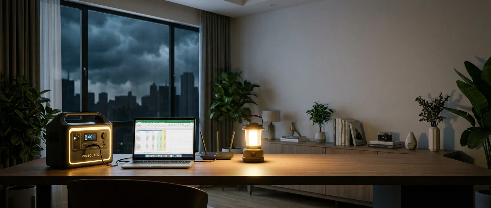 A portable power station provides electricity to a laptop and lamp during a stormy night.