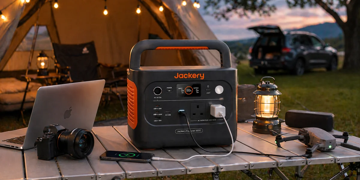 A Jackery Explorer 1000 portable power station powering a smartphone, drone, and lantern on a camping table at sunset, with a tent and car in the background.