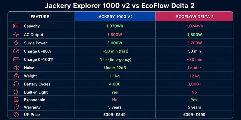A detailed comparison table titled "Jackery Explorer 1000 v2 vs EcoFlow Delta 2" listing technical features such as capacity, AC output, weight, and UK price for both portable power stations.