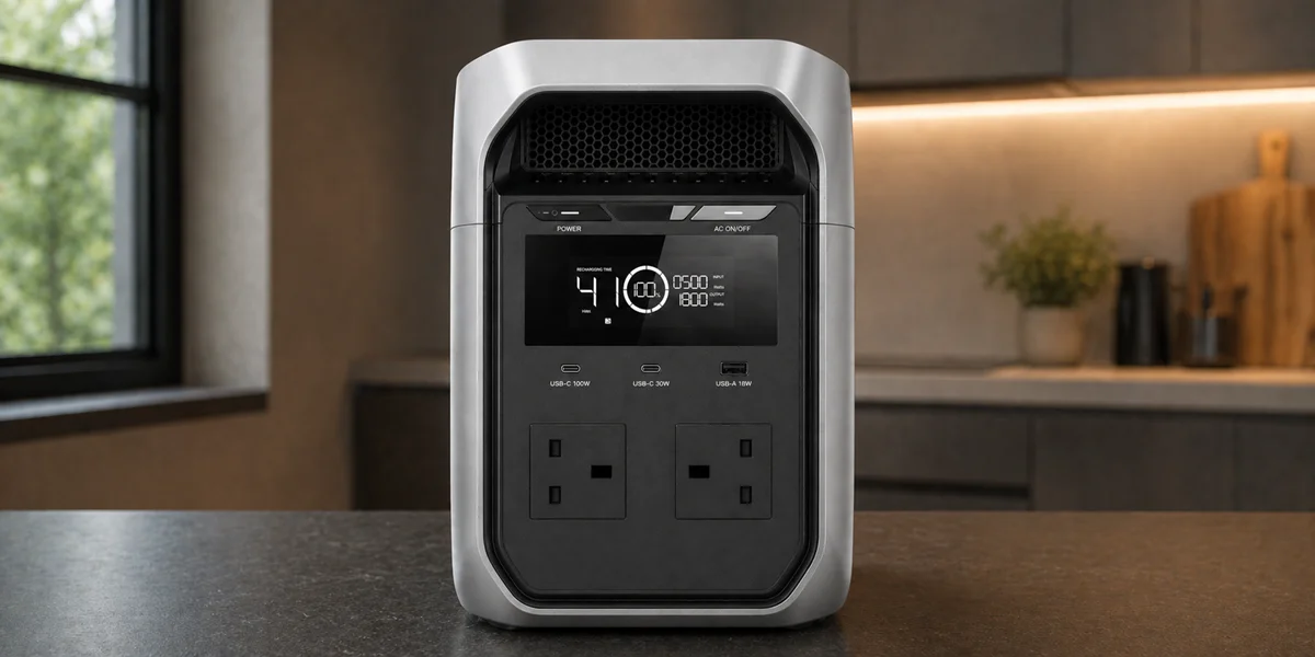 A silver EcoFlow Delta 3 Classic portable power station with a digital display and dual UK AC outlets, sitting on a dark kitchen countertop.