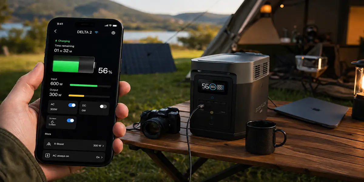 A person holds a smartphone showing the EcoFlow app interface to monitor a Delta 2 portable power station at an outdoor campsite by a lake.
