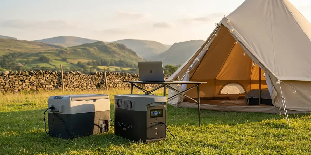 An EcoFlow Delta 2 portable power station powering a portable fridge and a laptop at a scenic glamping site with a bell tent and rolling hills in the background.