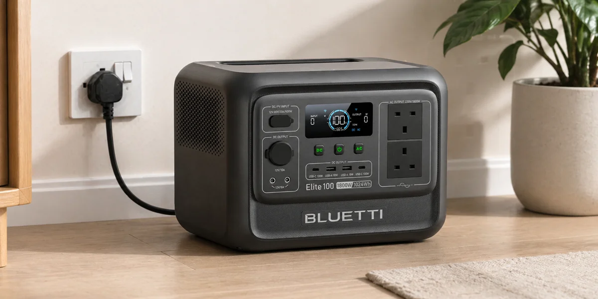 A Bluetti Elite 100 V2 portable power station charging from a UK wall socket on a wooden floor, with a 1024Wh capacity and 1800W output visible on its interface.