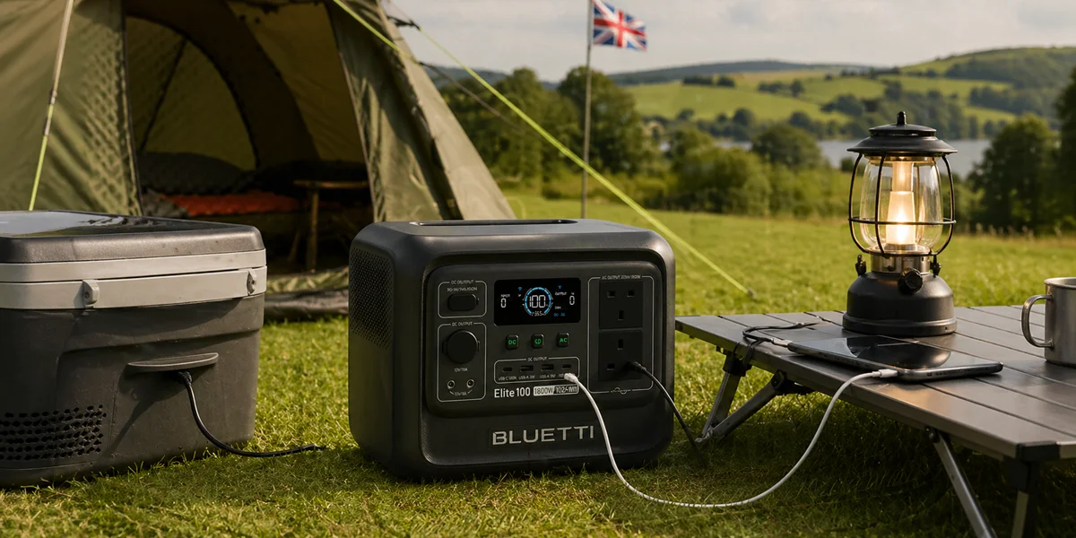 A Bluetti Elite 100 V2 portable power station is used at a campsite to power a portable cooler, a smartphone, and a lantern, with a tent and a Union Jack flag visible against a rolling countryside landscape.