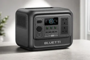 A black Bluetti portable power station sits on a plain white table.