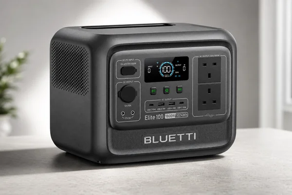 A black Bluetti portable power station sits on a plain white table.