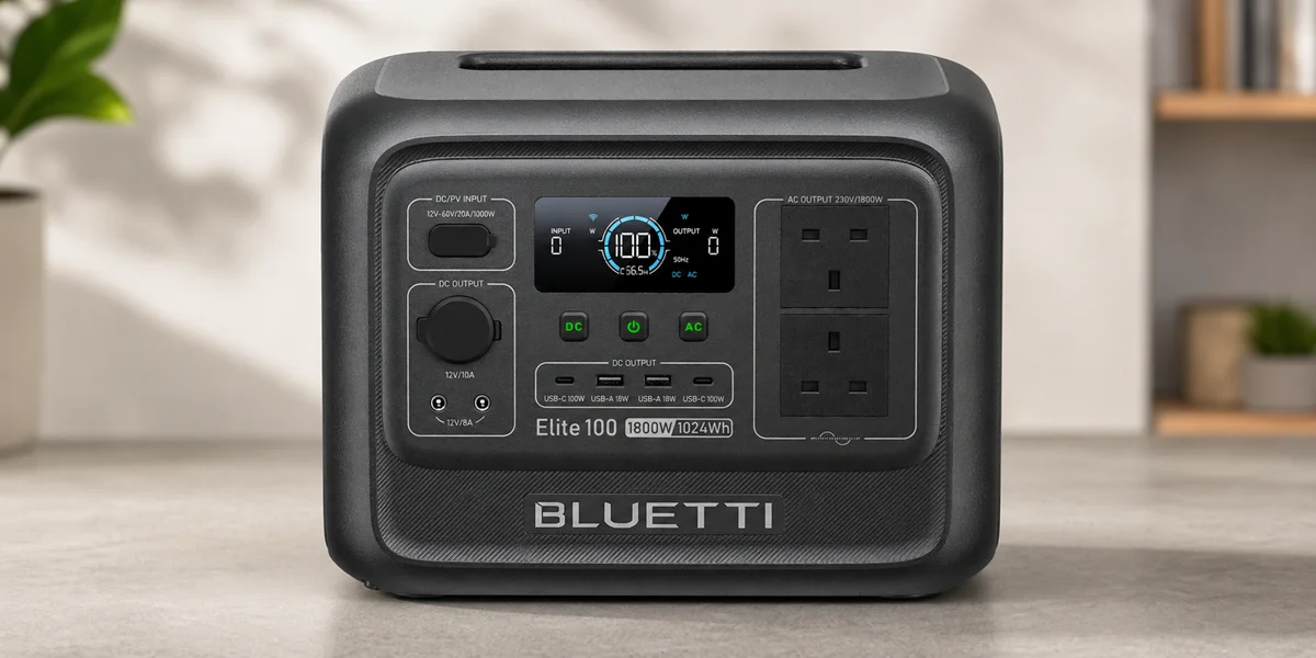 A straight-on front view of a black Bluetti Elite 100 V2 portable power station highlighting its 1800W output, digital display, and dual UK AC power sockets on a light-colored countertop.