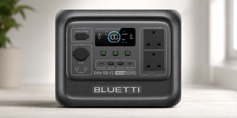A front-facing view of the Bluetti Elite 100 V2 portable power station with an 1800W, 1024Wh capacity, featuring a central digital display and dual UK AC power outlets.