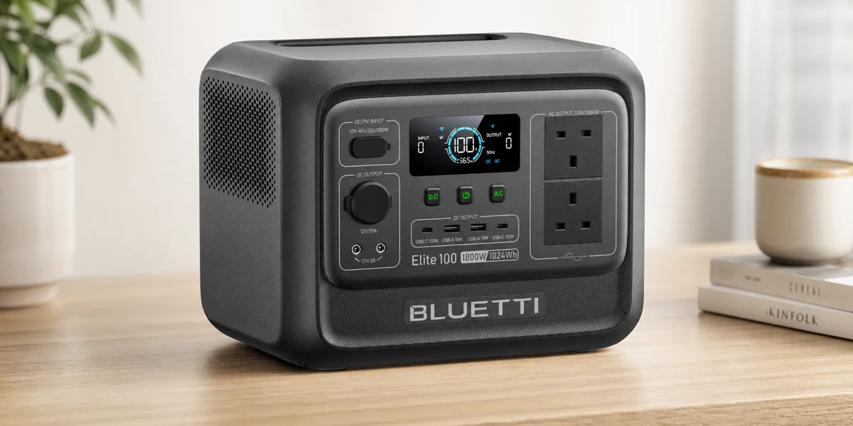 A compact black Bluetti Elite 100 V2 portable power station with a digital display and dual UK AC outlets, sitting on a wooden desk indoors next to books and a plant.