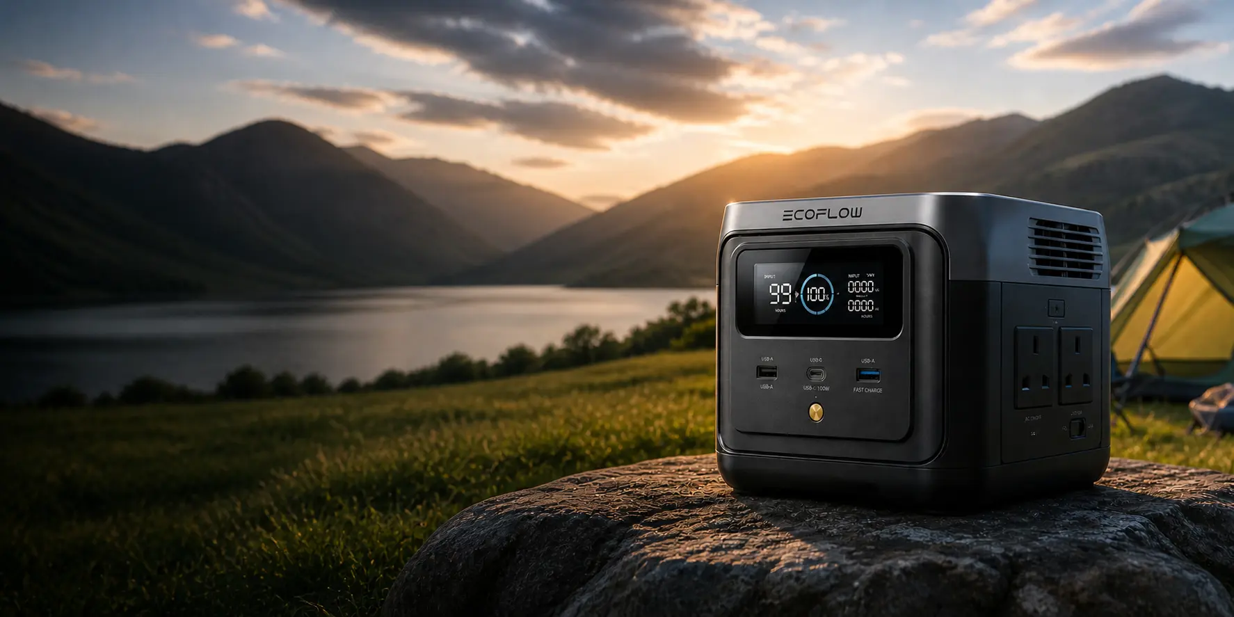 An EcoFlow portable power station sits on a rock overlooking a lake and mountains.