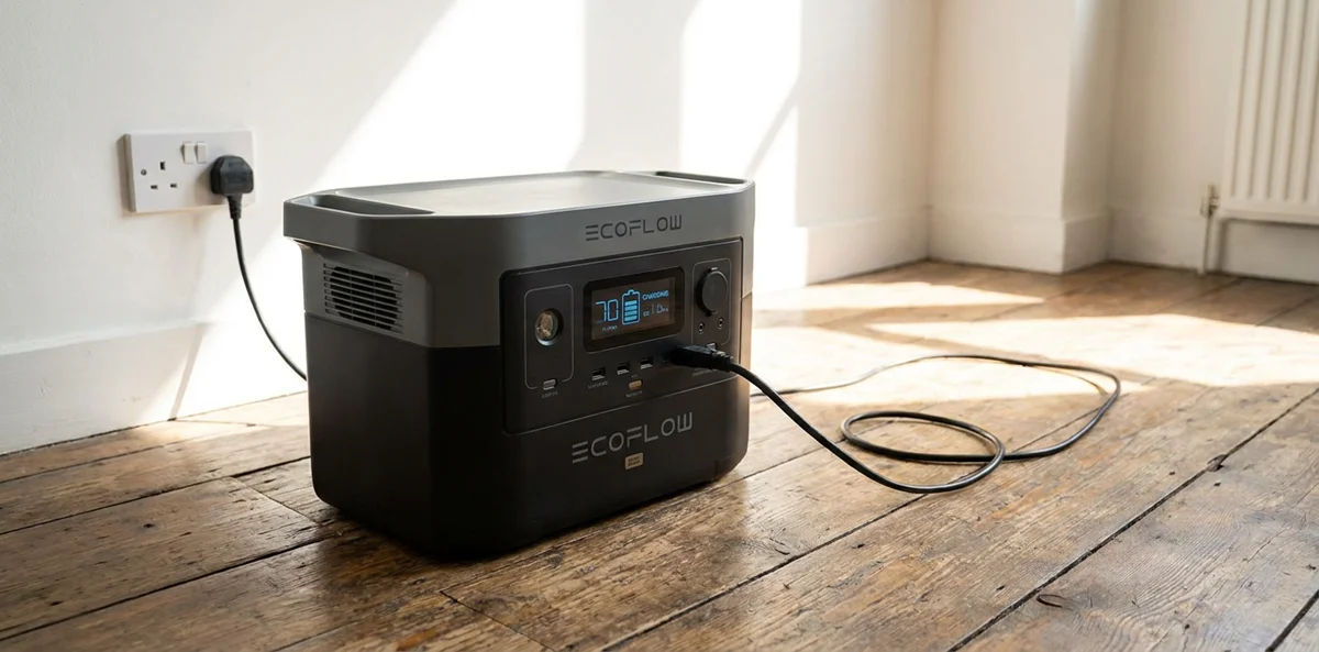 An EcoFlow Delta 2 portable power station sits on a wooden floor, plugged into a European wall outlet and displaying a "Charging" status on its screen.