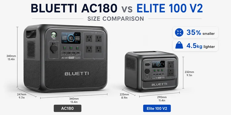 A size comparison graphic between the Bluetti AC180 and Elite 100 V2 portable power stations, showing the Elite 100 V2 is 35% smaller and 4.5kg lighter with specific dimensions for both models.