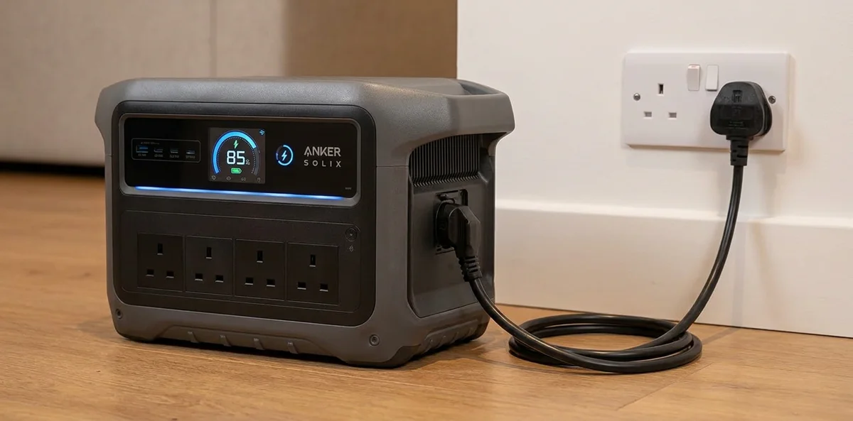 Anker SOLIX C1000 Gen 2 charging from a UK wall socket.