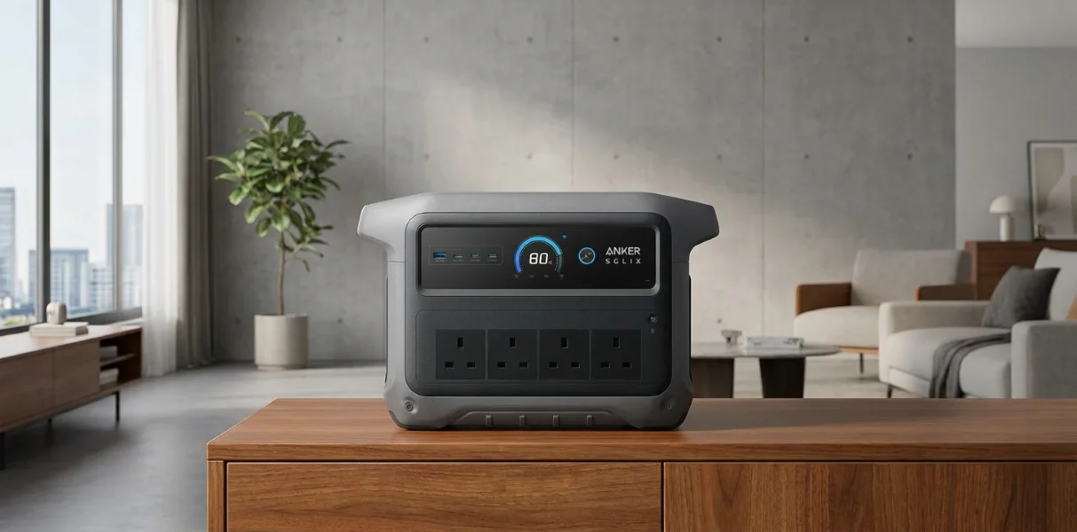Anker SOLIX C1000 Gen 2 power station on a wooden cabinet.