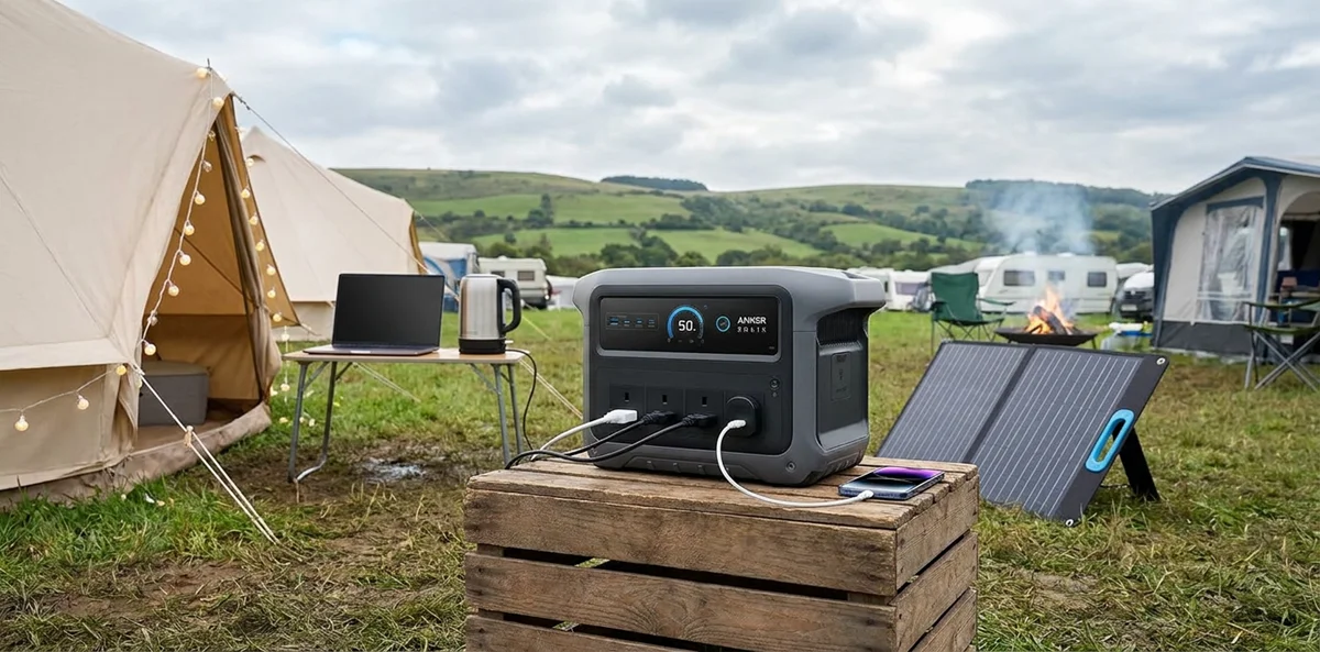 Anker SOLIX portable power station charging devices at a campsite.