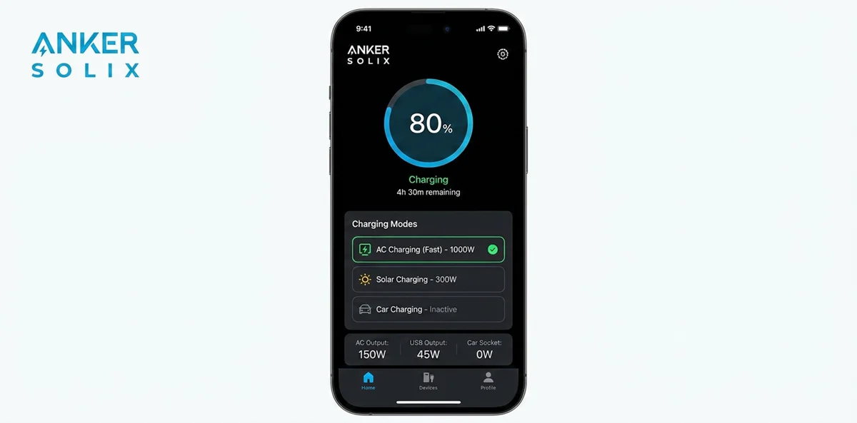 Smartphone displaying the Anker SOLIX app with charging status details.