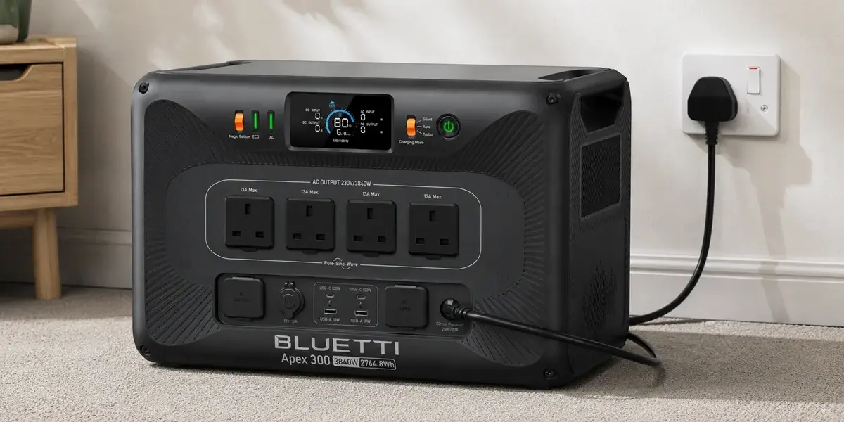 Bluetti Apex 300 connected to a UK wall socket for charging.
