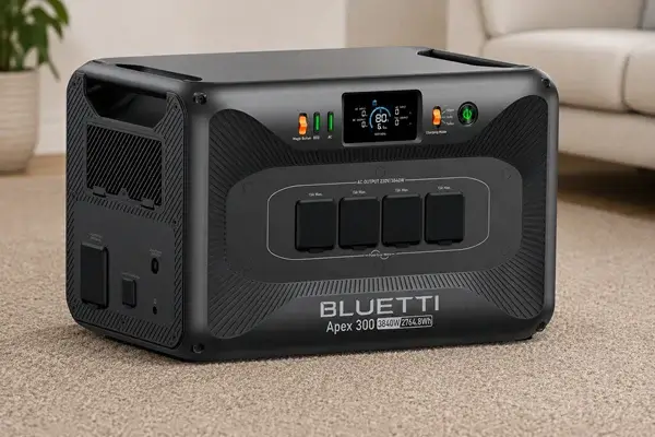 Angled view of the Bluetti Apex 300 portable power station indoors.