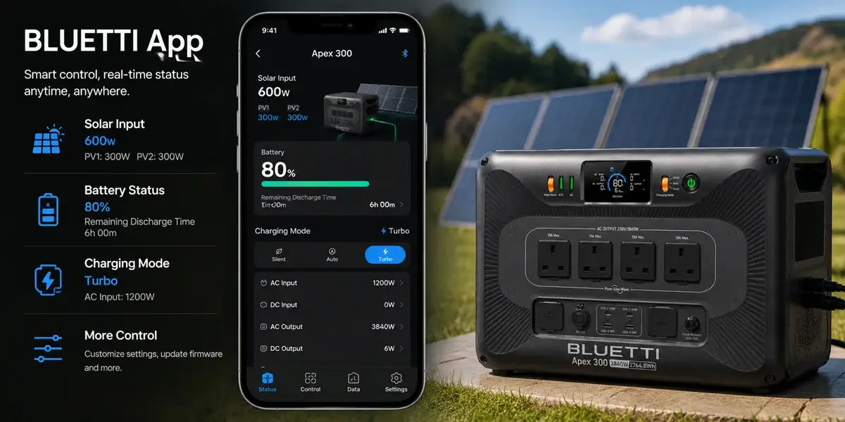 Bluetti Apex 300 displayed alongside the Bluetti app monitoring dashboard.