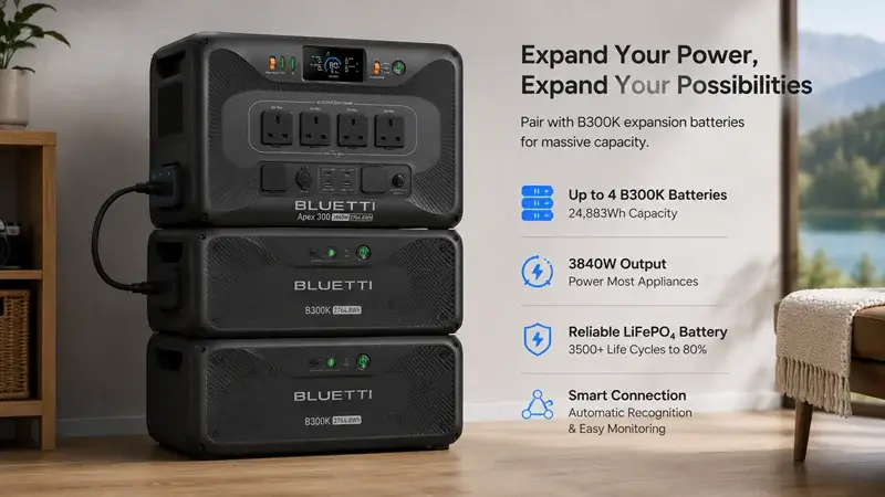 Bluetti Apex 300 stacked with two B300K expansion battery modules.
