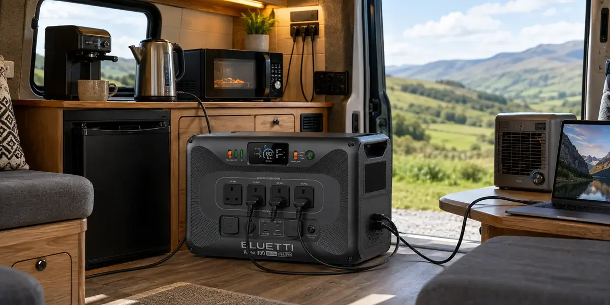 Bluetti Apex 300 powering appliances inside a campervan living area.