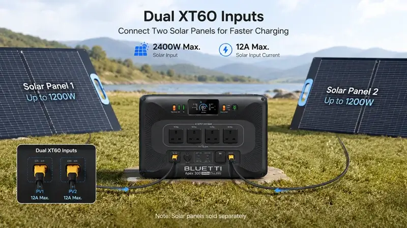Bluetti Apex 300 connected to two solar panels through dual XT60 inputs.