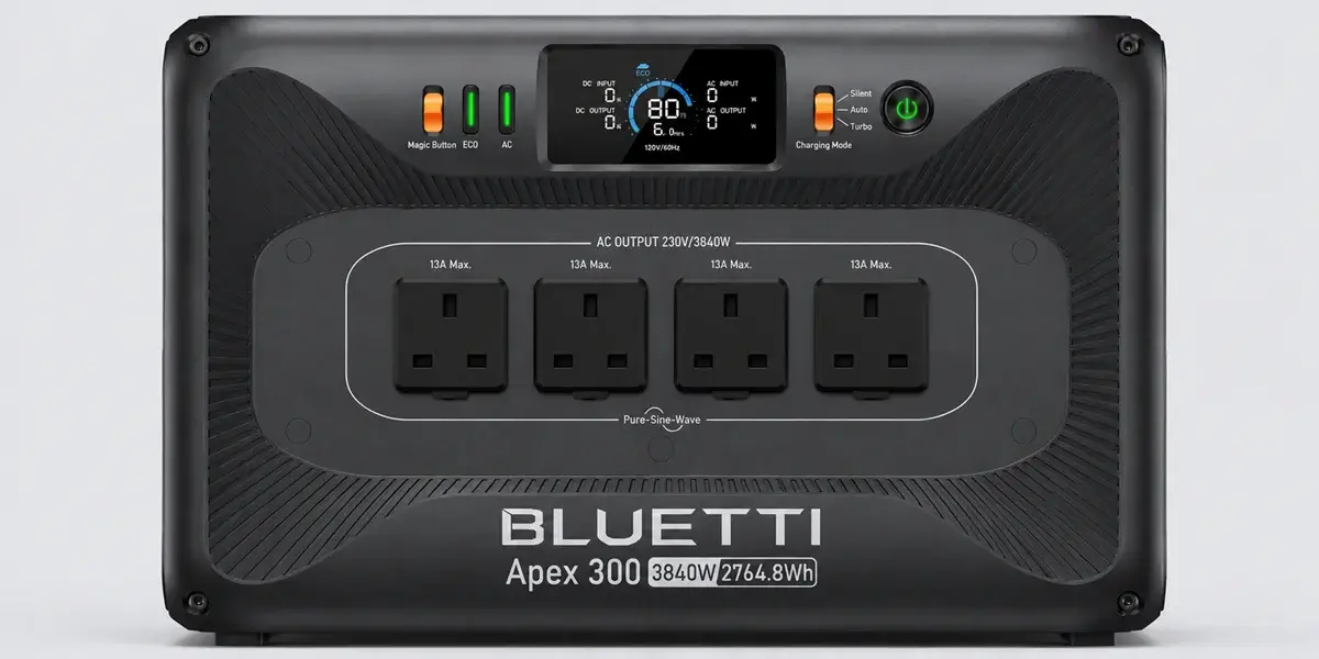 Front view of the Bluetti Apex 300 showing four AC outlets.