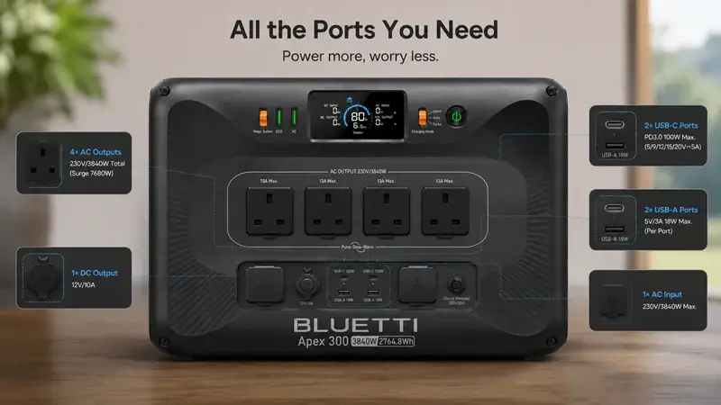 Bluetti Apex 300 front panel showing AC outlets, USB ports, and inputs.