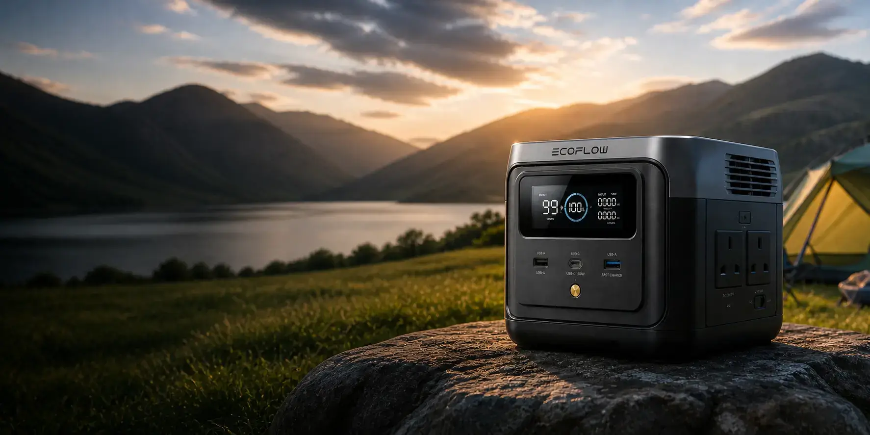 An EcoFlow portable power station sits on a rock overlooking a lake and mountains.