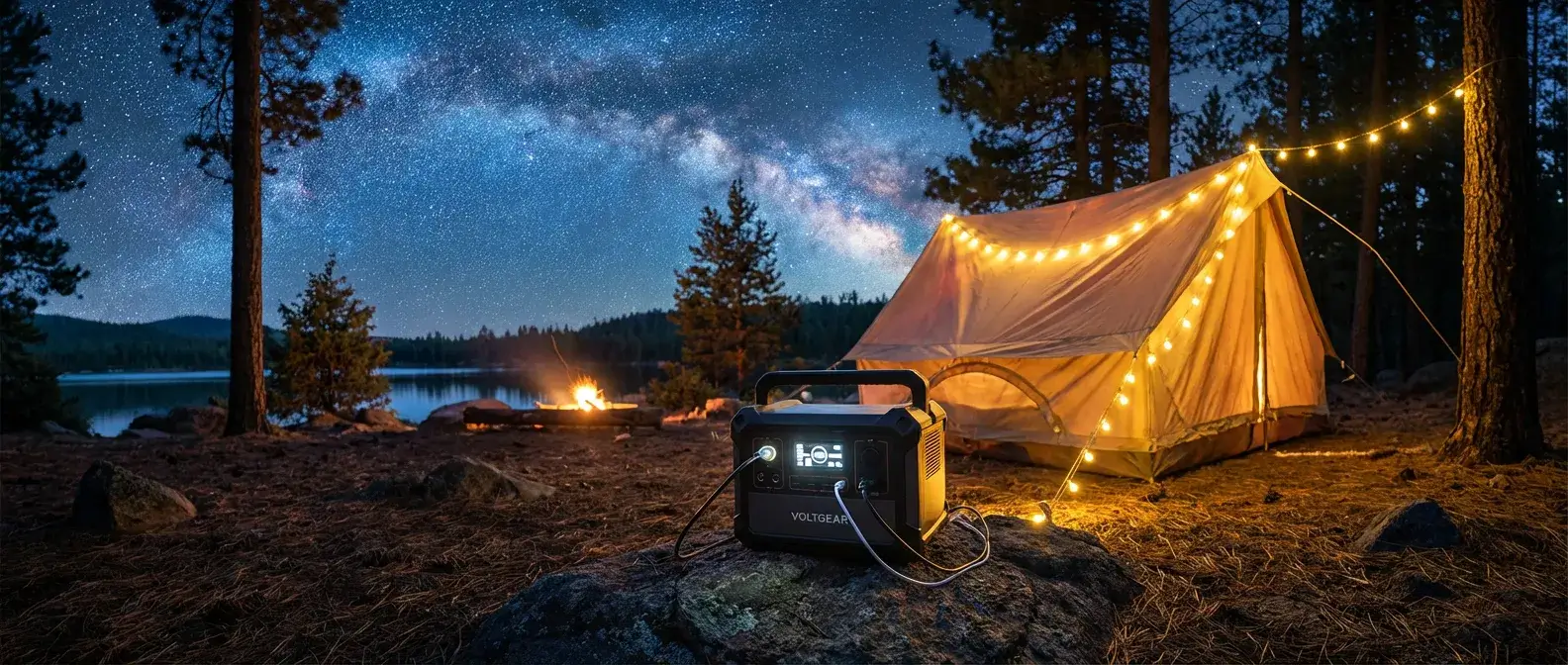A portable power station powers string lights at a campsite under a starry night sky.